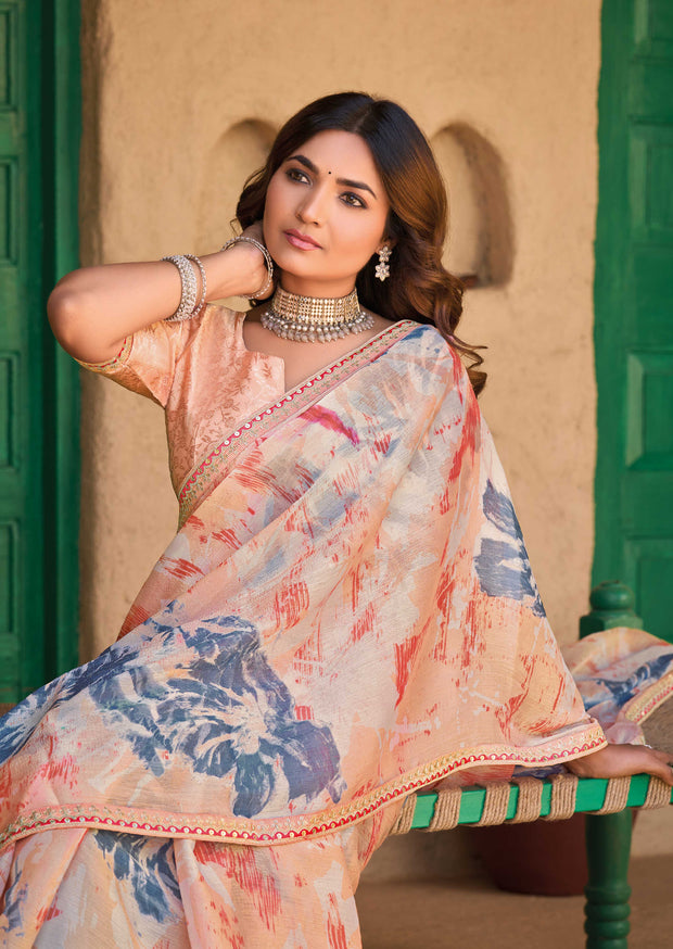 Peach Tissue Saree with Multicolor Abstract Print - Shamli