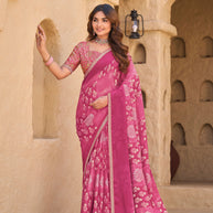 Pink Chiffon Saree with Floral Print - Shamli