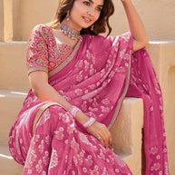 Pink Chiffon Saree with Floral Print - Shamli