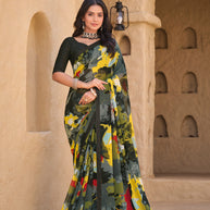 Black Georgette Saree with Multicolor Abstract Print - Shamli