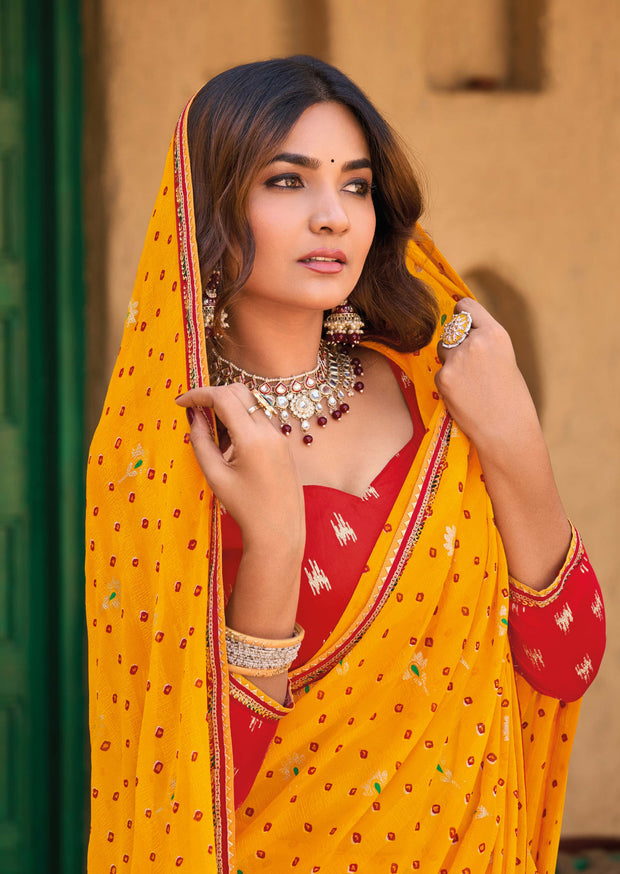 Mustard Georgette Bandhani Print Saree - Shamli