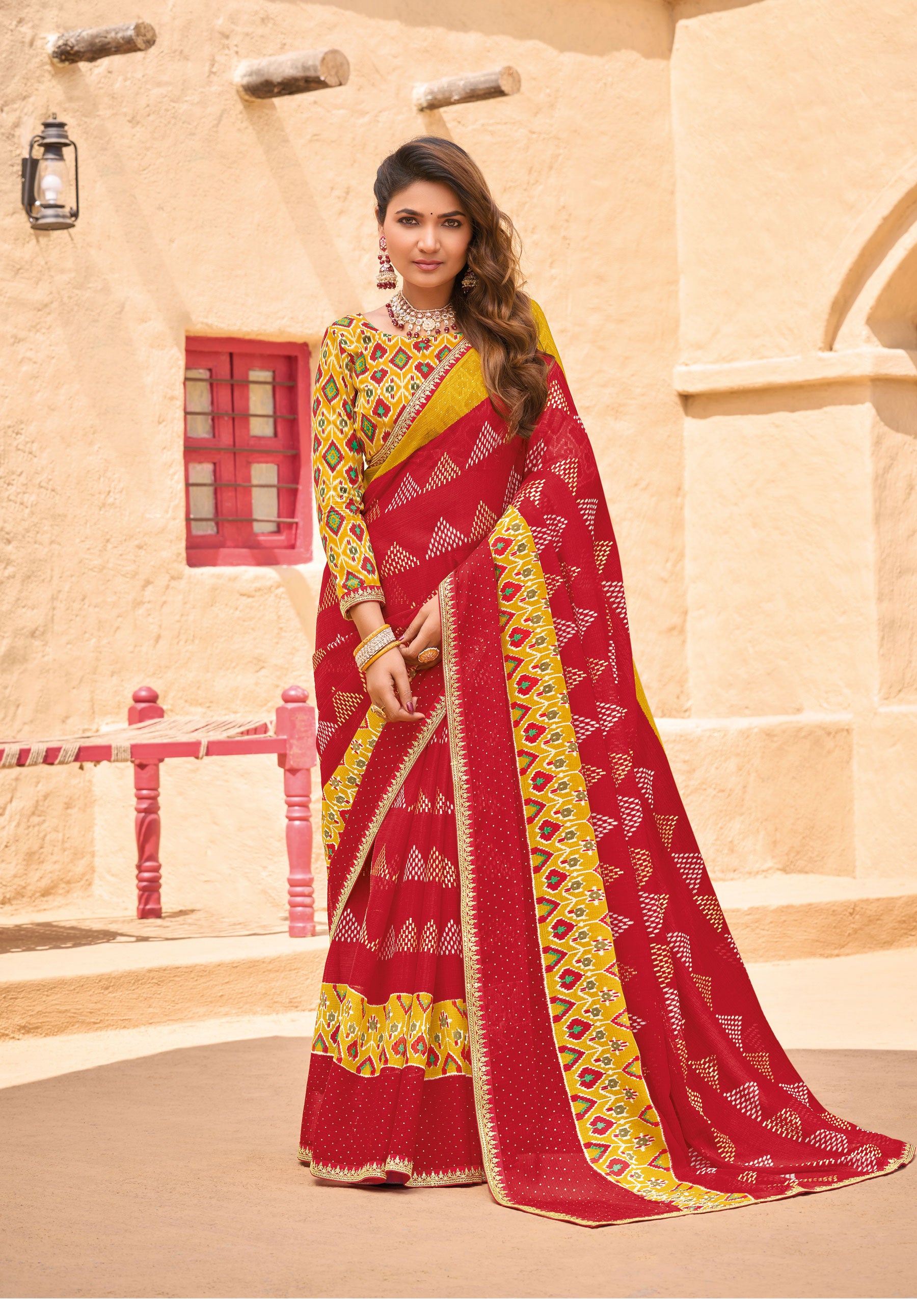 Red Chiffon Saree with Geometric Print  - Shamli