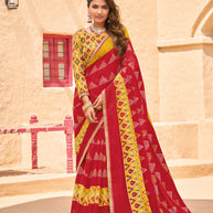 Red Chiffon Saree with Geometric Print  - Shamli