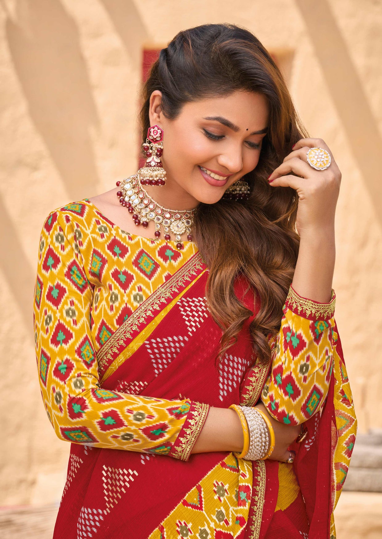Red Chiffon Saree with Geometric Print  - Shamli