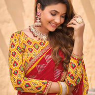 Red Chiffon Saree with Geometric Print  - Shamli