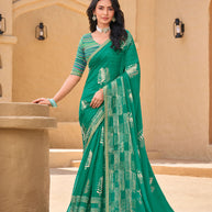 Teal Green Chiffon Saree with Floral Print - Shamli