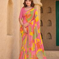 Multicolor Chiffon Patta Saree with Abstract Print - Shamli