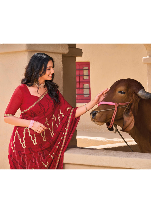 Red Georgette Saree with Geometric Print - Shamli