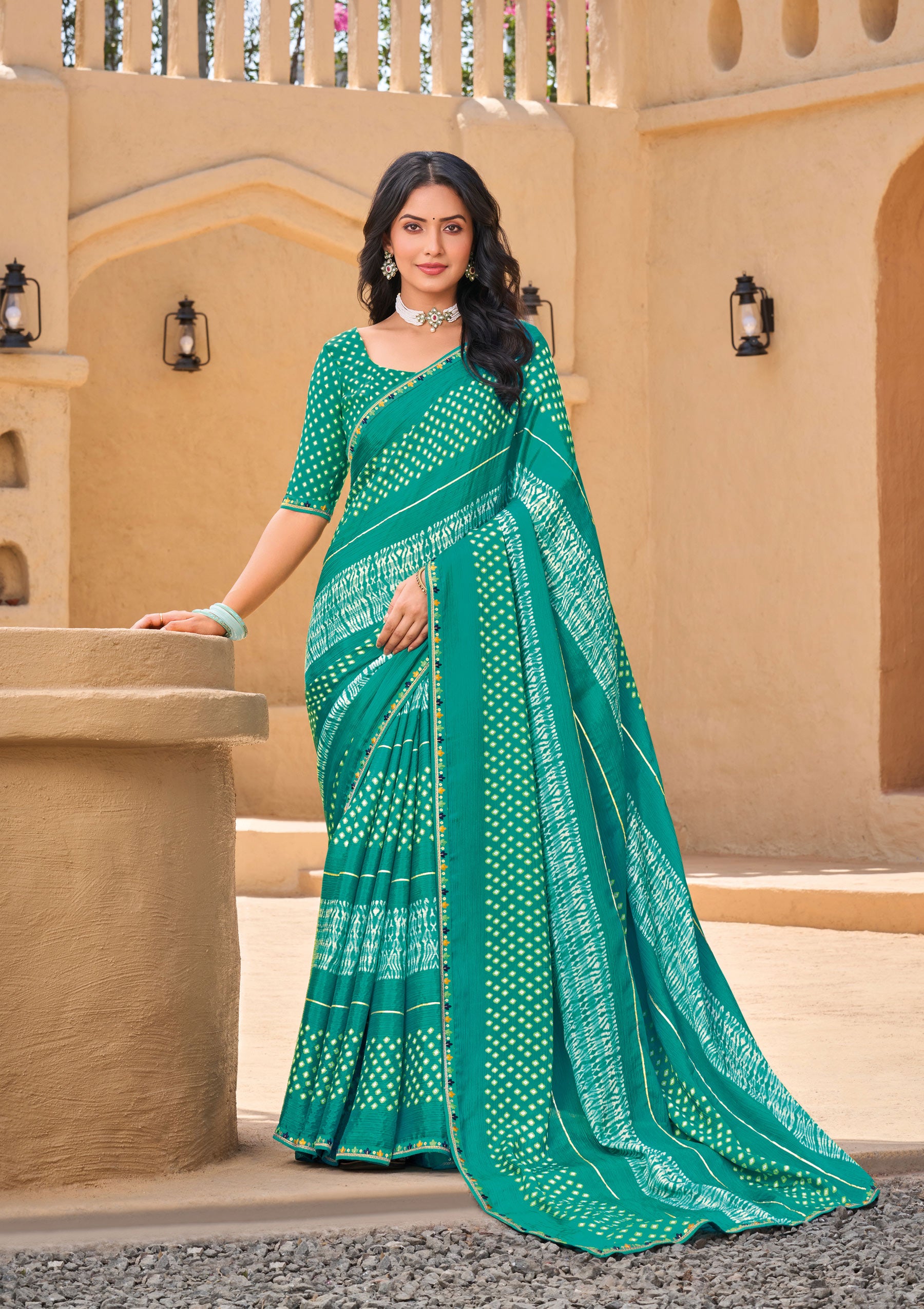 Teal Green Crape Silk Saree with Geometric Print  - Shamli