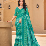 Teal Green Crape Silk Saree with Geometric Print  - Shamli