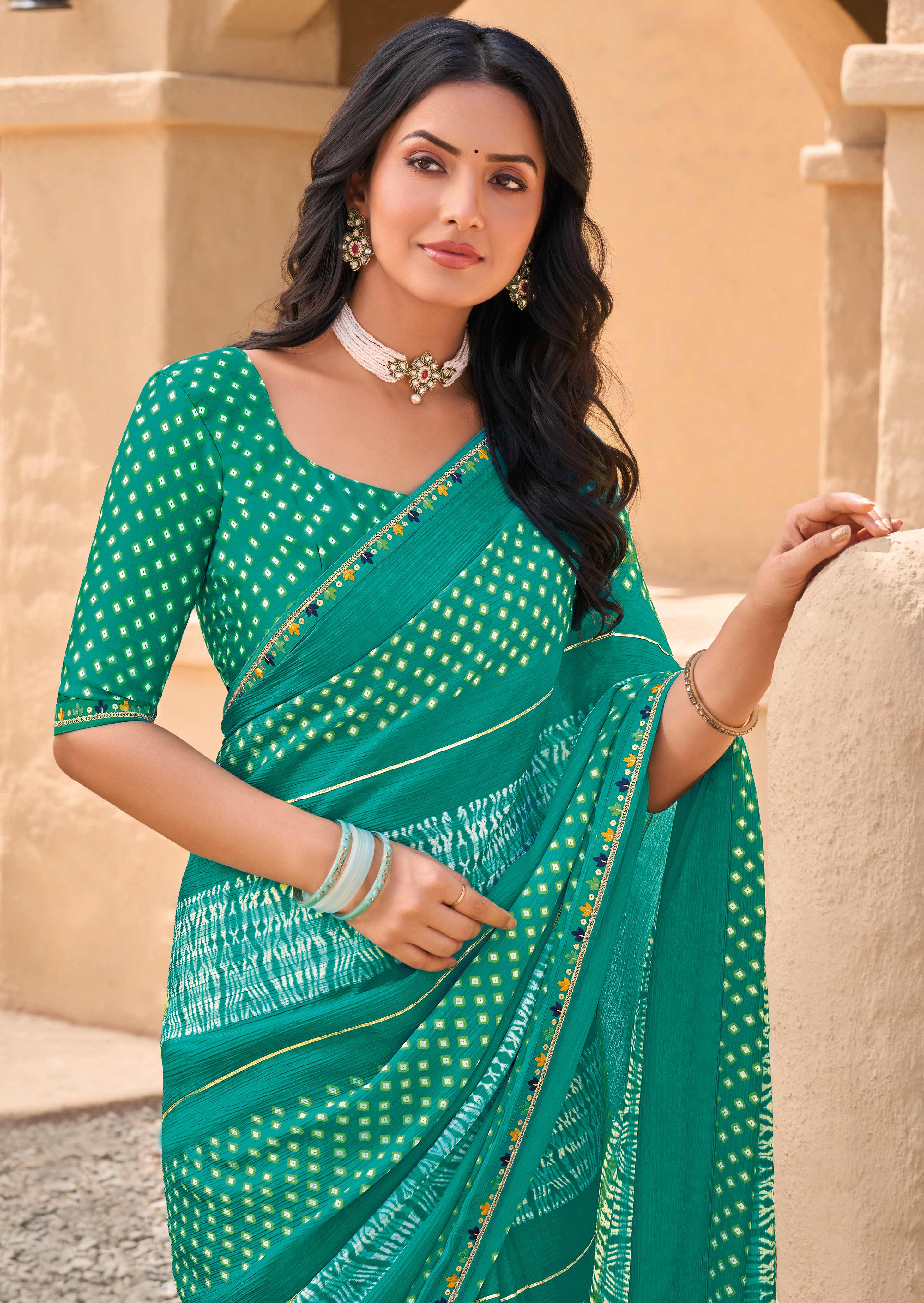 Teal Green Crape Silk Saree with Geometric Print  - Shamli