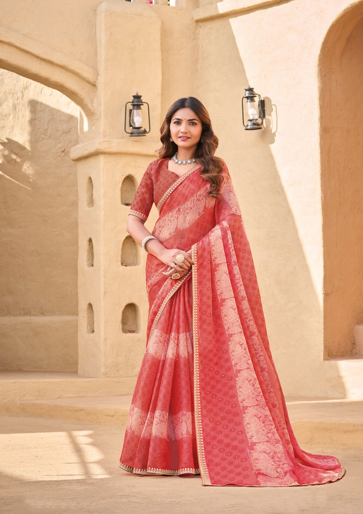 Orange Tissue Saree with Floral Print - Shamli