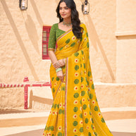 Mustard Chiffon Saree with Geometric Print - Shamli