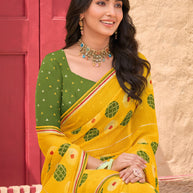 Mustard Chiffon Saree with Geometric Print - Shamli