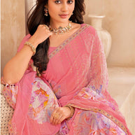 Peach Floral Print Saree with embellished foil work - Gulistaan