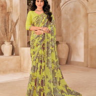 Lime Yellow Floral Print Saree with embellished foil work - Gulistaan