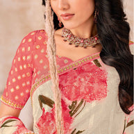Cream Saree with Peach Floral Print, Embellished Foil Work - Gulistaan