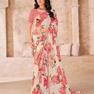 Cream Saree with Peach Floral Print, Embellished Foil Work - Gulistaan