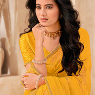 Mustard Floral Print Saree with Embellished Foil Work - Gulistaan