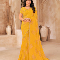 Mustard Floral Print Saree with Embellished Foil Work - Gulistaan