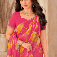 Pink Saree with Yellow Floral Print, Embellished Foil Work - Gulistaan