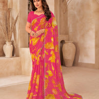 Pink Saree with Yellow Floral Print, Embellished Foil Work - Gulistaan
