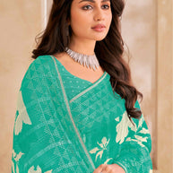 Teal Saree with White Floral Print, Embellished Foil Work - Gulistaan