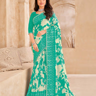 Teal Saree with White Floral Print, Embellished Foil Work - Gulistaan