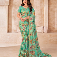 Teal Saree with White Floral Print, Embellished Foil Work - Gulistaan
