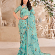 Turquoise Blue Floral Print with embellished foil work - Gulistaan