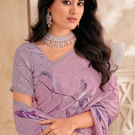 Lavender Floral Print Saree with embellished foil work - Gulistaan