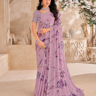 Lavender Floral Print Saree with embellished foil work - Gulistaan
