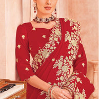 Red Chiffon Saree with Floral Zari Work - Chudi