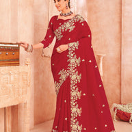 Red Chiffon Saree with Floral Zari Work - Chudi