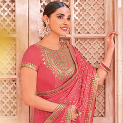 Pink Tissue Saree with Foil Work & Gota Patti Lace Border - Chudi