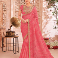 Pink Tissue Saree with Foil Work & Gota Patti Lace Border - Chudi