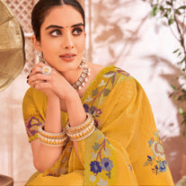 Mustard Raw Silk Saree with Embroidered Floral Zari & Stone Work - Chudi