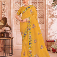 Mustard Raw Silk Saree with Embroidered Floral Zari & Stone Work - Chudi