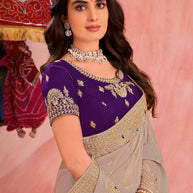 Beige Art Silk Saree with Floral Embroidery & Zari Stone Work- Chudi
