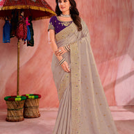 Beige Art Silk Saree with Floral Embroidery & Zari Stone Work- Chudi
