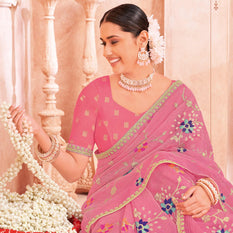 Pink Art Silk Saree with Floral Embroidery & Zari Stone Work - Chudi