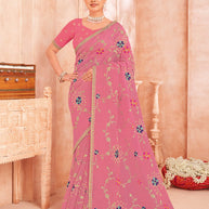 Pink Art Silk Saree with Floral Embroidery & Zari Stone Work - Chudi