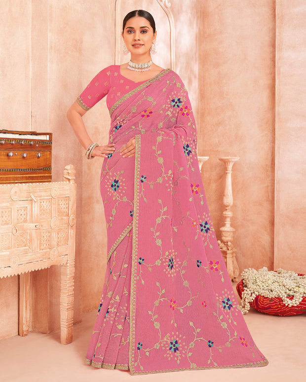 Pink Art Silk Saree with Floral Embroidery & Zari Stone Work - Chudi