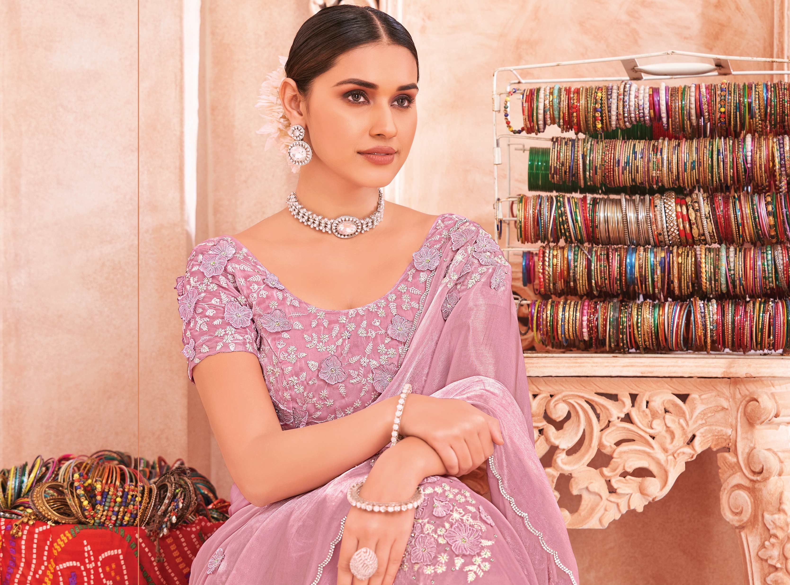 Lavender Art Silk Saree Stone Work & Embellished Floral Motifs - Chudi