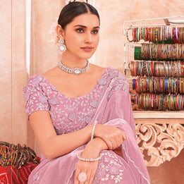 Lavender Art Silk Saree Stone Work & Embellished Floral Motifs - Chudi