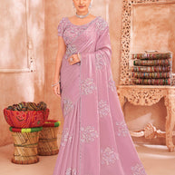 Lavender Art Silk Saree Stone Work & Embellished Floral Motifs - Chudi