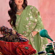 Green Art Silk Saree with Floral Embroidery - Chudi