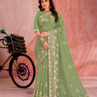 Green Art Silk Saree with Floral Embroidery - Chudi