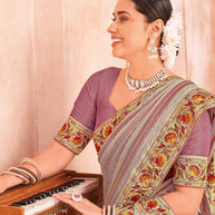 Multicolor Art Silk Saree with Striped Pattern & Floral Lace Embroidery- Chudi