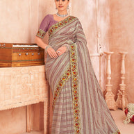 Multicolor Art Silk Saree with Striped Pattern & Floral Lace Embroidery- Chudi
